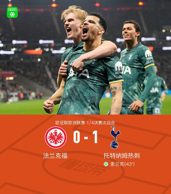 熱刺晉級四強，索蘭克點射制勝，麥迪遜傷退，2-1法蘭克福。